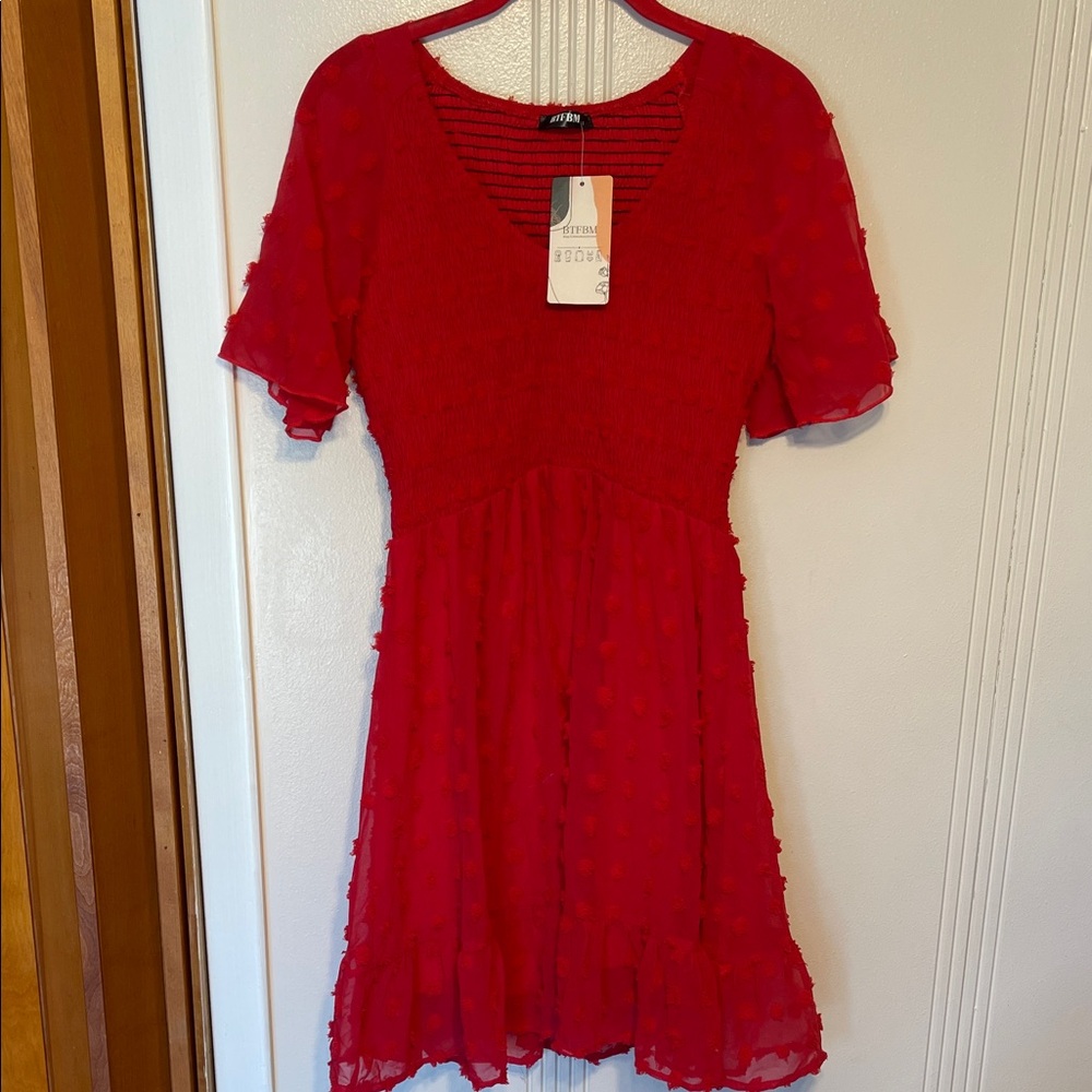 Red Textured Swiss Dot Short Sleeve Dress